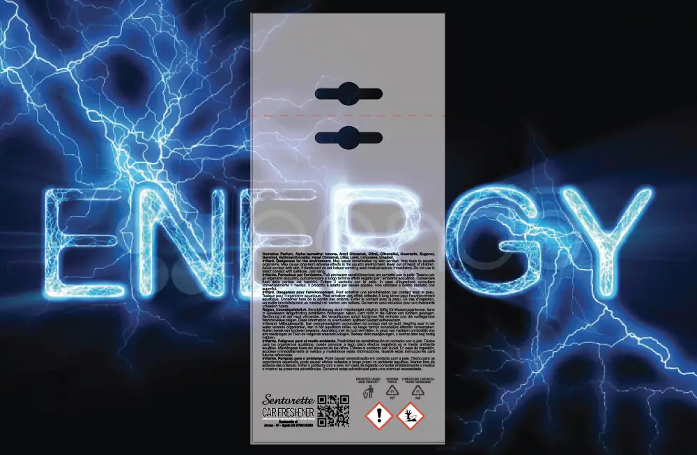 Plantilla de packaging personalizado para ambientador de coche, fragancia:﻿ Energía – recurso descargable para packaging de desodorante de coche personalizado