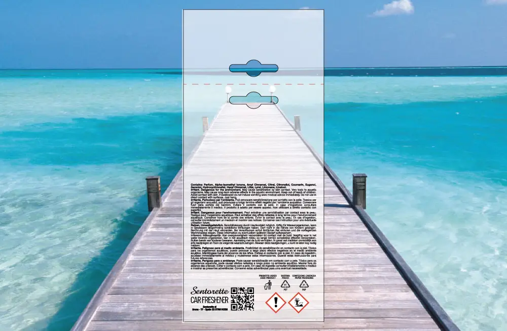 Plantilla de packaging personalizado para ambientador de coche, fragancia:﻿ Mar azul – recurso descargable para packaging de desodorante de coche personalizado